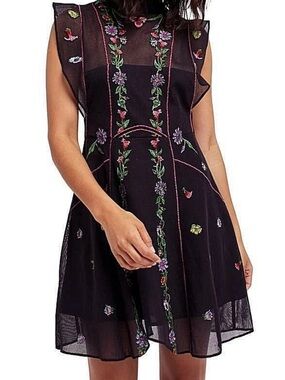 Free People Black Mini Dress with Multicolor Floral Embroidery XS